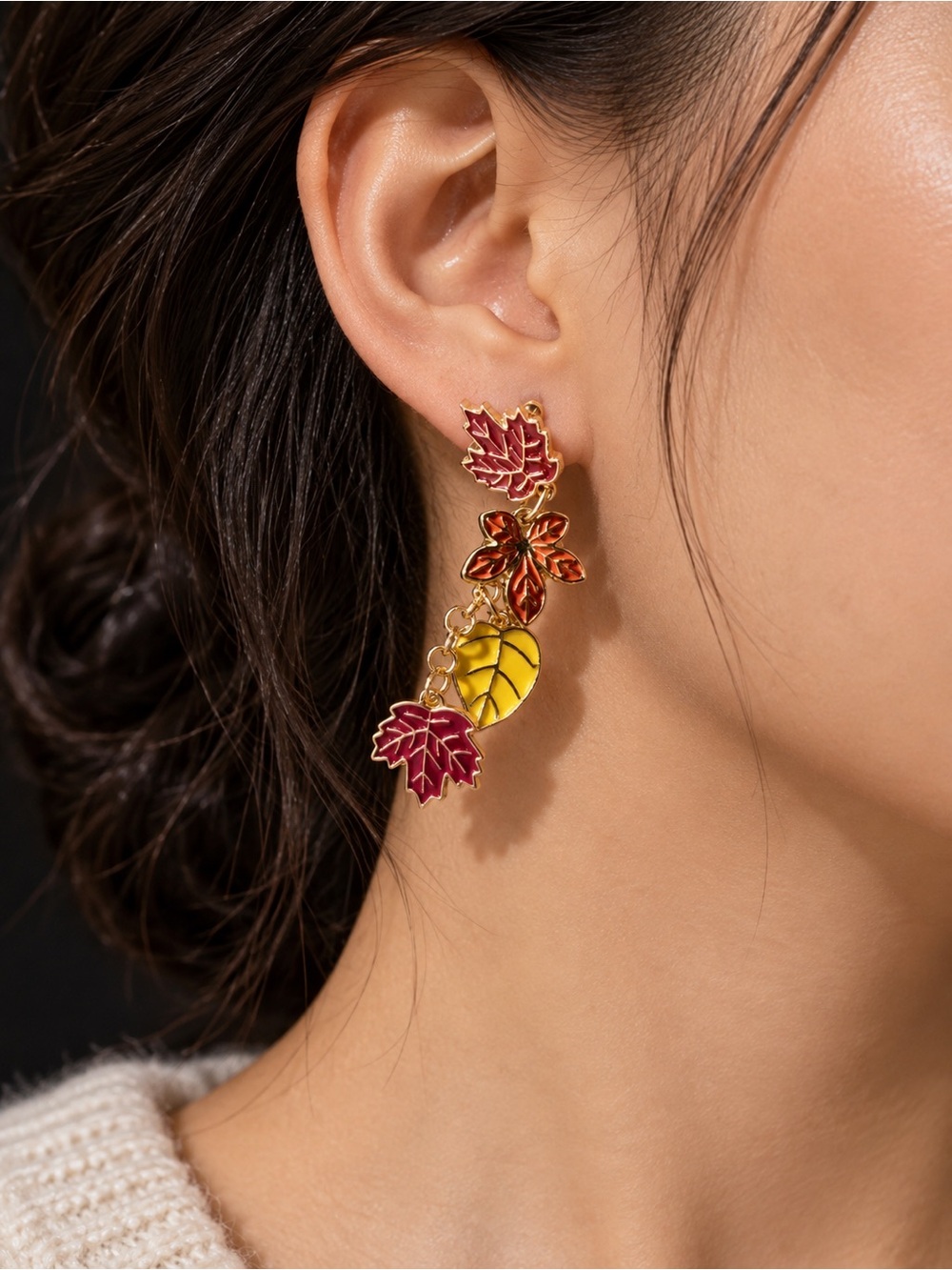 Autumn Leaf Drop Earrings in Orange Red and Yellow